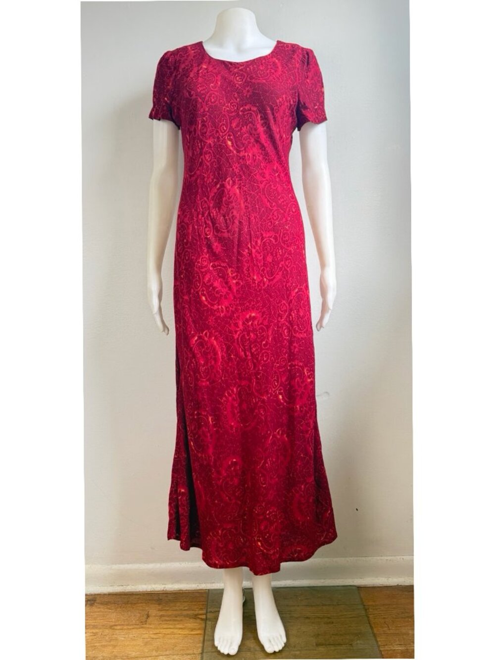 Vintage Bias Cut Maxi Dress Size Medium 90s CDC Red Floral Abstract Print Rayon